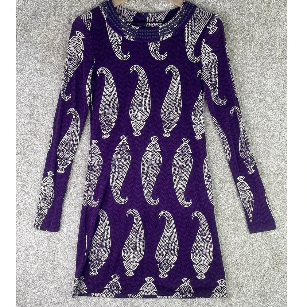 Tory Burch Silk‎ Paisley Mini Dress Womens Small Purple Embellished Long Sleeve